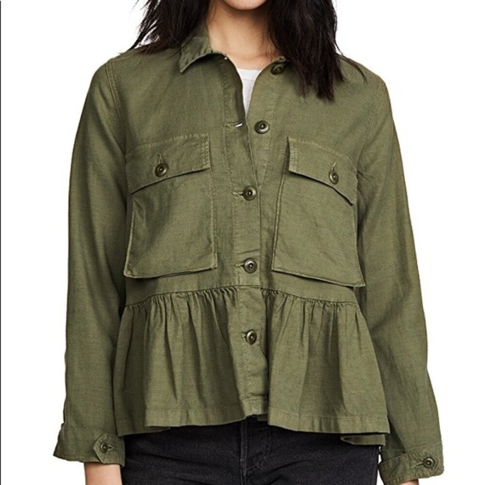 The Great Flutter Army Jacket Linen Cotton Ruffle Peplum Hem Green Sz 1 / S - Picture 1 of 13